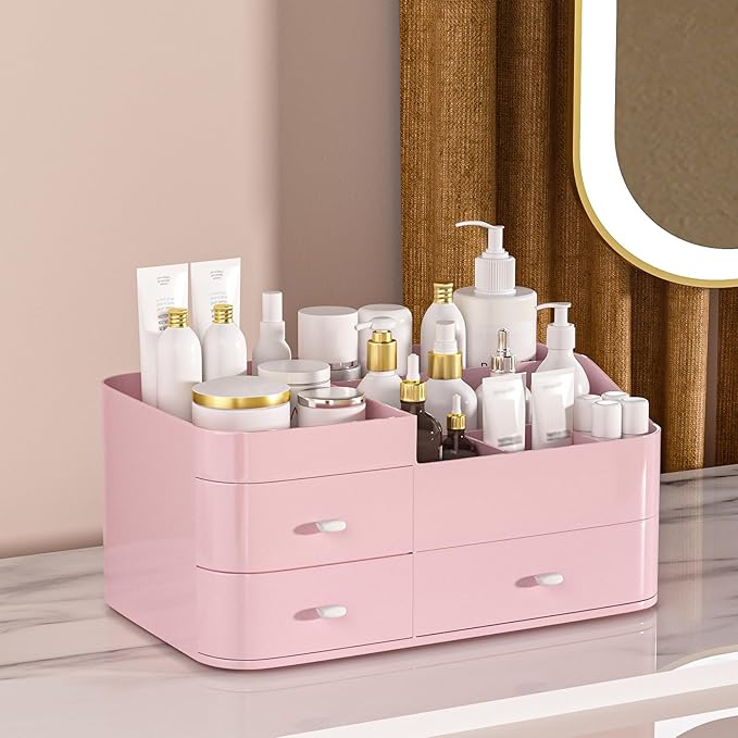 MIUOPUR Makeup Organizer for Vanity, Large Capacity Desk Organizer with Drawers for Cosmetics, Lipsticks, Jewelry, Nail Care, Skincare, Ideal for Bedroom and Bathroom Countertops - Large Pink