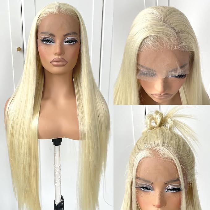 13x6 HD Long Straight Lace Front Wig White Glueless Straight Hair Lace Front Wig Pre Plucked Yaki Synthetic 613 Lace Front Wig 32inch