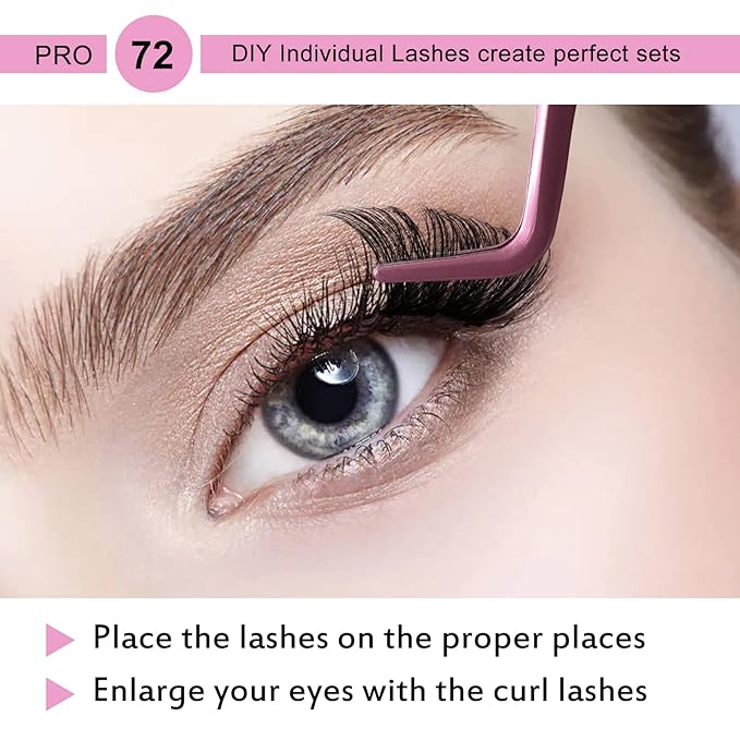 PRO LASHBEAUTY Cluster Lashes, 72 Pcs Individual Lashes, DIY Eyelash Extension, Super Thin Band, Reusable, Soft & Comfortable (Into You-01-D-16mm)