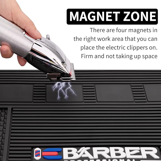Magnetic Barber Mat for Station Barber Organizer Mat for Clipper Salon Station Tools with 6 Slots for Clippers Salon Barbershop Work Station Pads anti slip 19" X 12.5”-Black