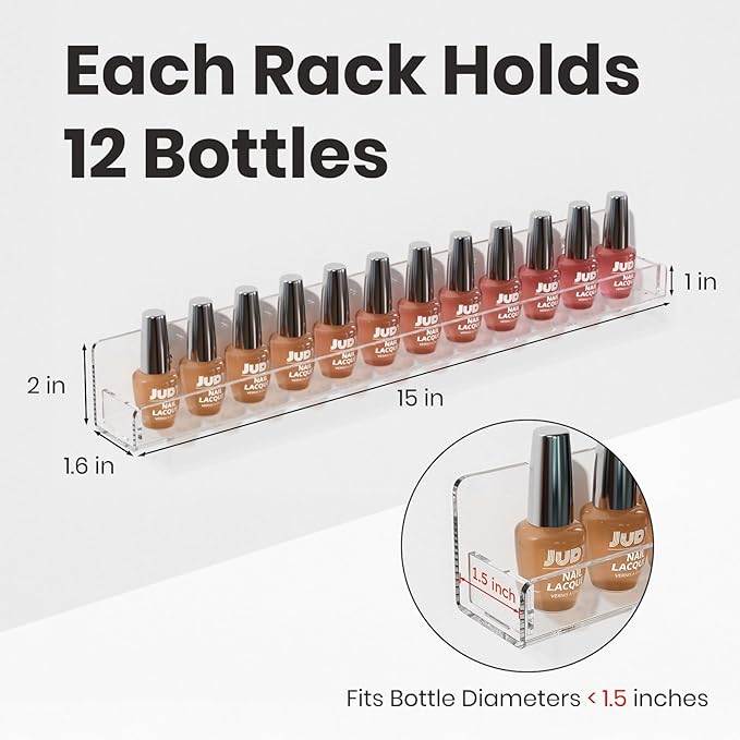 NIUBEE 6 Pack Nail Polish Rack Wall Mounted Shelf with Removable Anti-Slip End Inserts, Clear Acrylic Nail Polish Organizer Display 90 Bottles