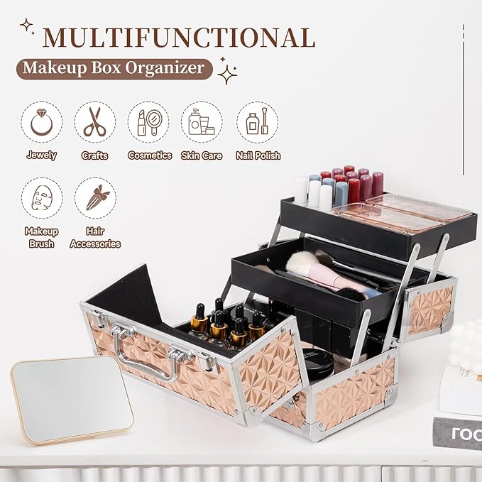 Leeora&Leekoo Makeup Train Case Cosmetic Box Portable Makeup Case Organizer 2 Trays Makeup Storage with Mirror for Cosmetologist Aesthetic Supplies Nail Tech Traveling Makeup Box (Rose Gold)