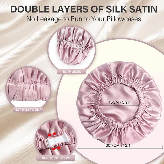 22 Momme 100% Mulberry Double Silk Bonnet for Sleeping Women Double Layer Lined Stay On Head for Hair Care with Adjustable Elastic Band Non-Slip Silk Turban Curly Hair Silk Hair Cap Dusty Pink