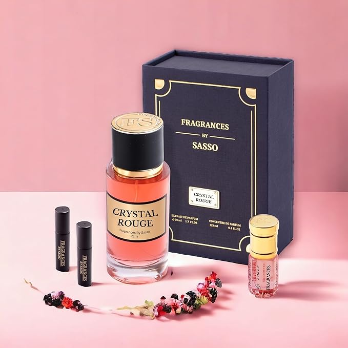 CRYSTAL ROUGE - Luxury Perfume Gift Set | Long-Lasting Niche Fragrance | Extrait de Parfum 50ml + Perfume Oil 3ml + Bonus 2 Samples | Unisex Scent Inspired by Iconic Perfumes