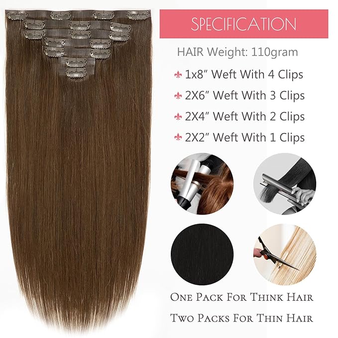 Loxxy Seamless Clip in Human Hair Extensions 100% Brazilian Remy Tape Hair Clip on Extensions Natural Silky Straight Invisible Clip Hair Extensions Full Head Chocolate Brown 7PCS 110gram 22Inch