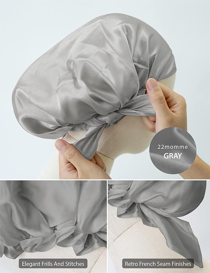 100% Silk Bonnet for Sleeping, Hair Bonnet with Tie Band, Large Silk Sleep Cap for Curly Hair, Silk Hair Wrap for Hair Care Gray