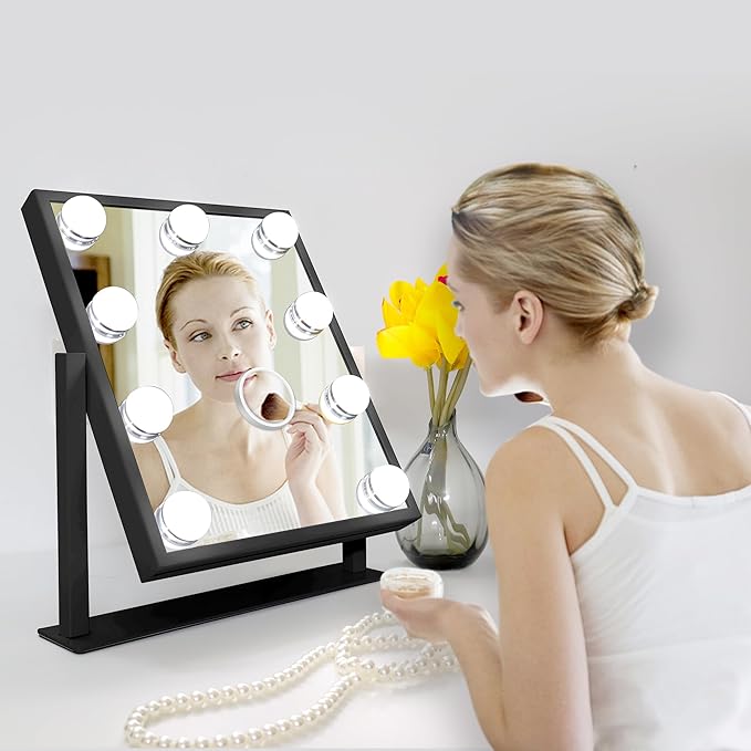10" x 12" Vanity Mirror with Lights, 360°Rotation Tabletop Makeup Mirror with 9 LED Lights Bulbs, Portable Travel Mirror with 3 Color Lighting Modes, Mirror with Lights for Bedroom, Black