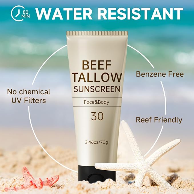 Tallow Sunscreen, Sunscreen for Face, SPF30 Natural Reef Safe Face Body Beef Tallow Sunblock, Non Greasy Clean Travel Sun Screen Sunblock for Summer Outdoor Travel, 2.46 OZ