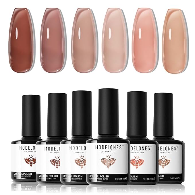 modelones Jelly Gel Nail Polish, 6 Colors Nude Brown Pink Gel Polish Neutral Nail Art Design Translucent Soak Off LED Nail Lamp Manicure Salon DIY Girls Women Gift