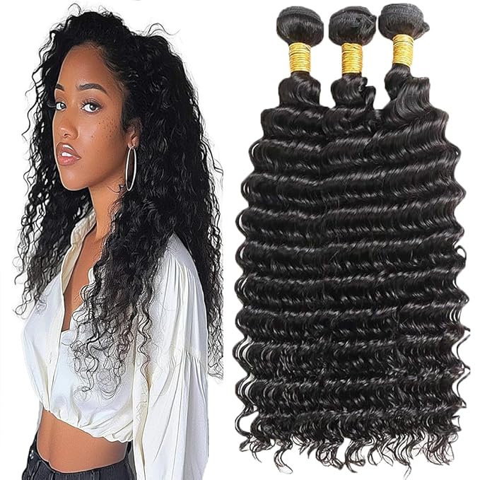 Deep Wave Human Hair Bundles Loose Deep Curly Weave Bundles Natural Color Double Weft Brazilian Human Hair Weave Extensions Soft and Silky for Women 22 24 26 Inch
