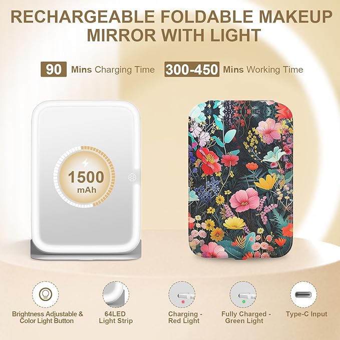 Mocado Travel Makeup Mirro with Lights, 360° Rotation Lighted Makeup Mirror, Portable Mirror with 10x Magnification, 3 Color Lightings, Dimmable Touch Screen, Tabletop Light up Mirror(Flower)
