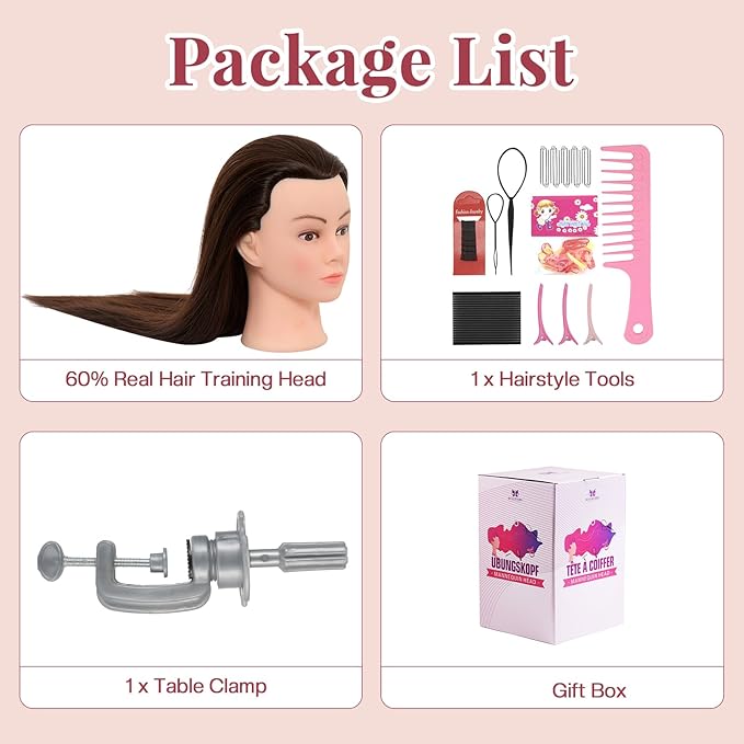 28Inch 60% Real Hair Mannequin Head,Doll Head for Hair Styling Braiding Curling,Cosmetology Mannequin Head with Hair with Table Clamp Hair Styling Set(Dark Brown)