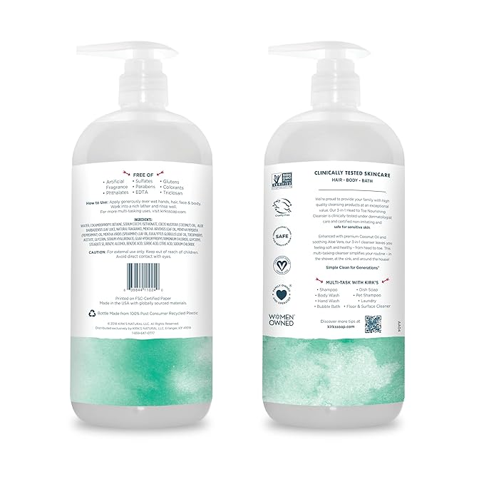 Kirk's 3-in-1 Head to Toe Nourishing Liquid Cleanser - for Men, Women, & Children - Premium Coconut Oil & Aloe Vera - Non GMO & Vegan - Mint and Eucalyptus - 32 Fl Oz.