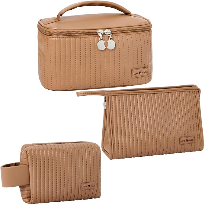 MIRASON Makeup Bag Set of 3 Cute Cosmetic Travel Toiletry Organizer Bag Pouch Set for Women PU Leather Waterproof Toiletry Bag 3 Piece, Brown