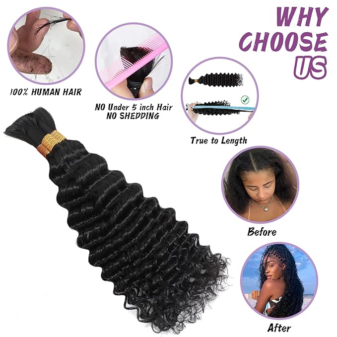 Human Braiding Hair For Boho Braids Deep Water Wave Human Bulk Braiding Hair 12A Brazilian Virgin Human Hair Extensions for Boho Braids 3 Bundles/Pack 110g 4P27 Highlight Ombre Balayage 14inch