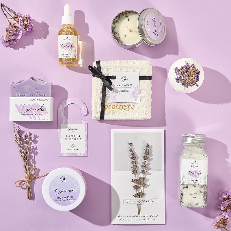 Gifts for Women Spa Lavender Bath Gift Baskets Mothers Day Gifts Relaxing Self Care Gift for Mom Her Sister Wife Auntie Home Bath Kit Care Package Birthday Friendship Gift Ideas