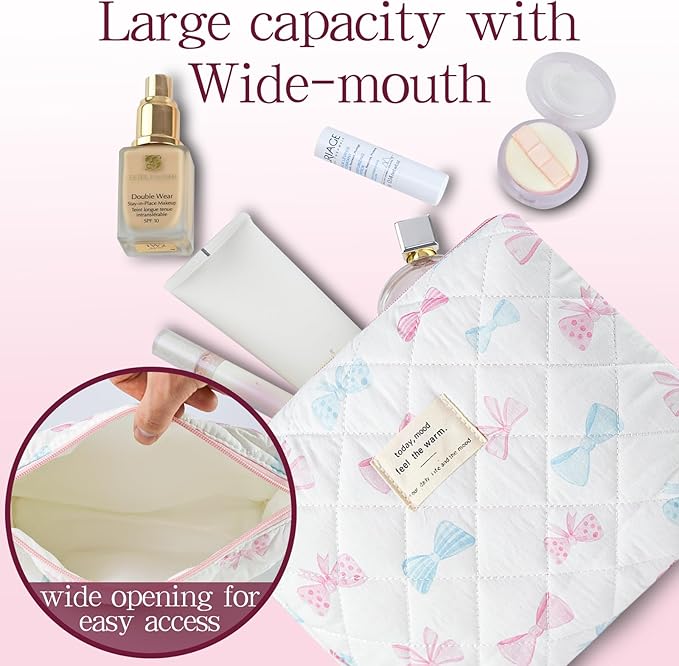 3Pcs Quilted Makeup Bag, Cute Floral Cotton Cosmetic Bag set, Coquette Bow Makeup Pouch Large Travel Toiletry Bag