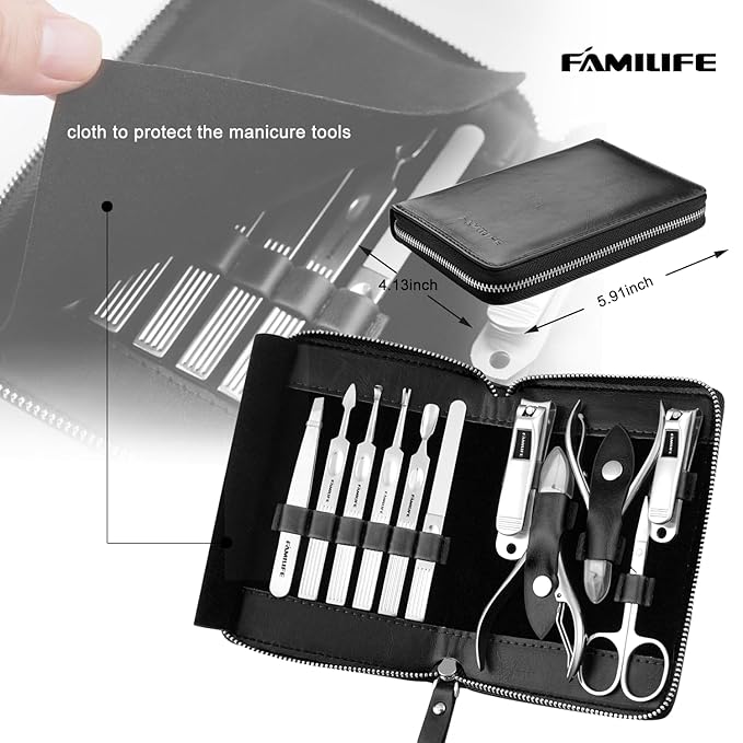 Manicure Kit, FAMILIFE Professional Manicure Set Nail Kit, 11 in 1 Stainless Steel Nail Clippers Set for Men Pedicure Kit, Men Grooming Kit with Portable Black Leather Travel Case Luxury Gifts for Him