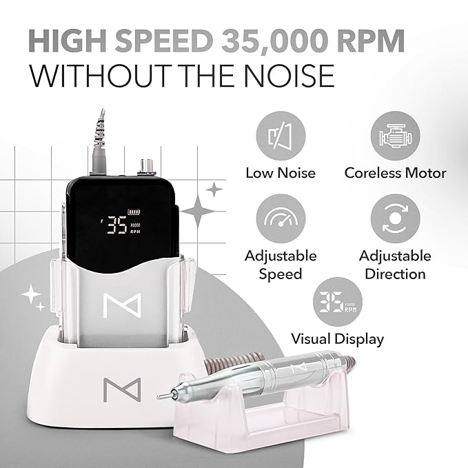 M Mase- Professional Nail Drill Machine - 2-in-1 Nail File - Cordless, 35000 RPM, HD Display - Gift for Her - Electric Nail Drill for Professional & Home Use (White)