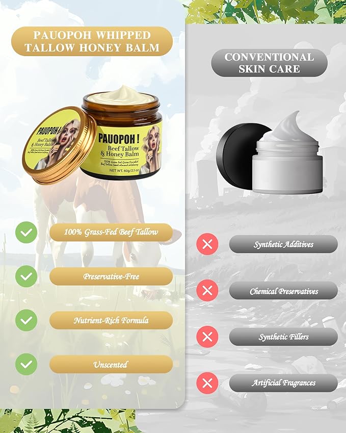 Beef Tallow for Skin - Whipped Tallow Balm with Manuka Honey, Handmade Moisturizer for Sensitive Skin (Unscented)