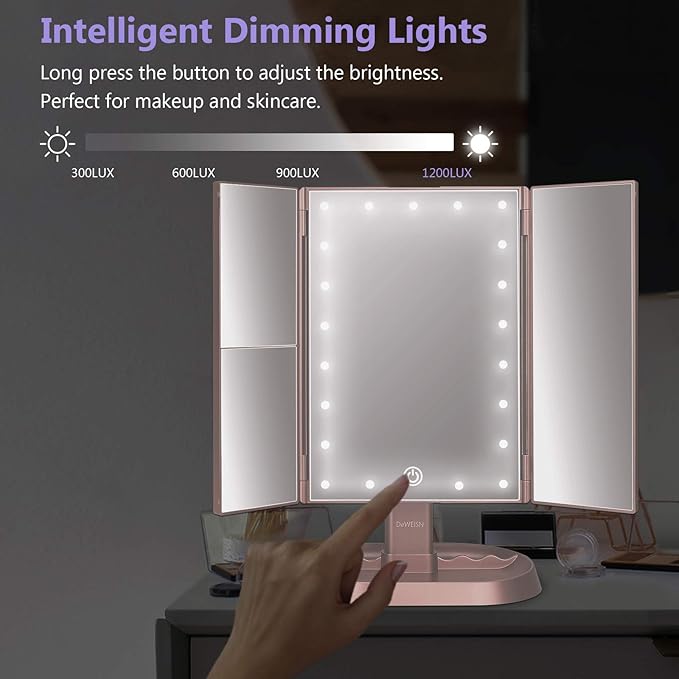 deweisn Trifold Lighted Vanity Makeup Mirror with 21 LED Lights,1x/2x/3x Magnification and Touch Screen Dimming,Two Power Supplies Makeup Mirror, Gift for Women
