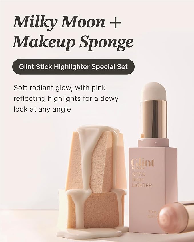 Glint Stick Highlighter Special Set (Milky Moon(Set), 0.24oz + Egg-Shaped Makeup Sponge) - Multi-Use Illuminator Stick. Korean Makeup by LG Beauty. Creamy & Blendable Color.