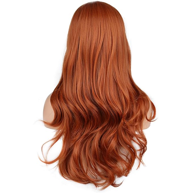 BERON Women Ginger Wigs Long Curly Wave Wig for Girls Dark Orange Middle Part Heat Resistant Synthetic Hair Wigs for Cosplay Party or Daily