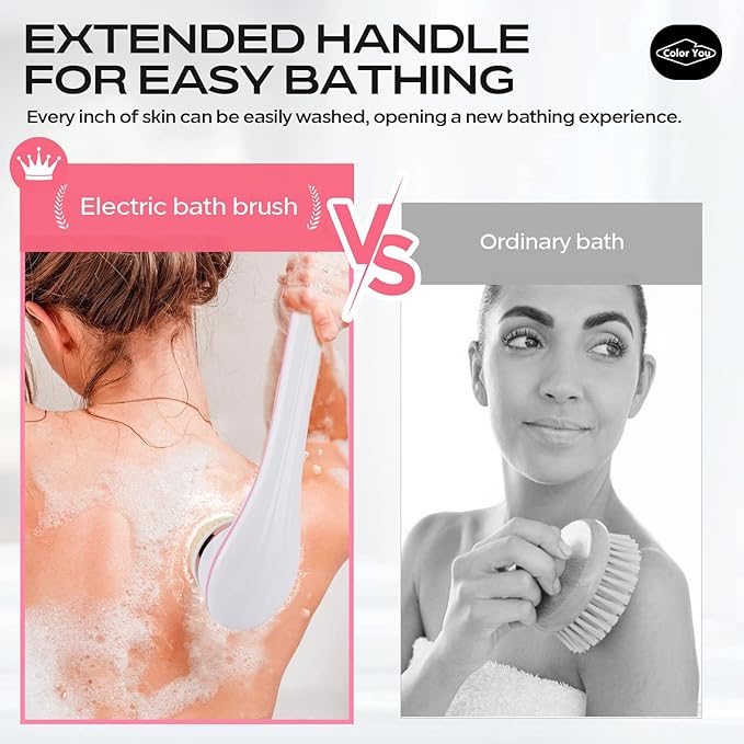 Color You Electric Body Brush for Exfoliating and Massage, Long Handle Electric Bath Brush Rechargeable Body Scrubber, Soft Silicone Spinning Skin Brush with 4 Spin Brush Heads for Man and Women