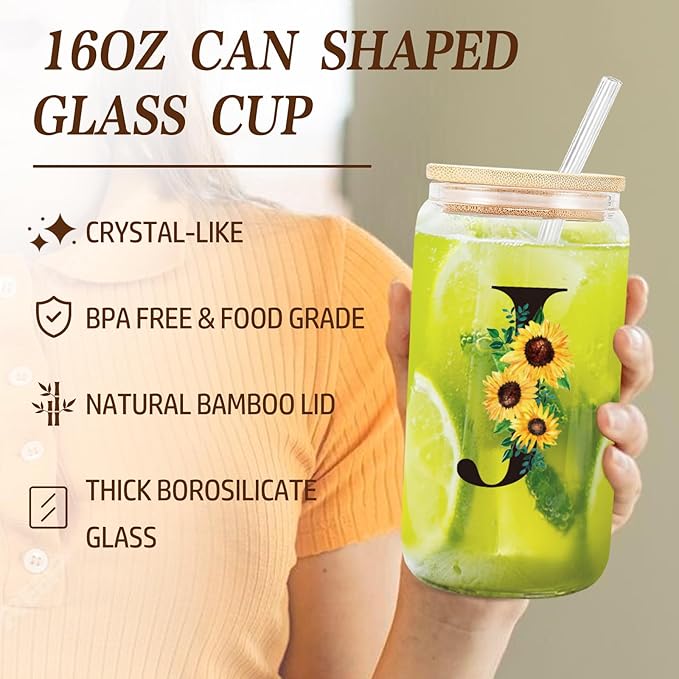 Personalized Gifts for Women, Monogrammed Gifts for Women, Initial Monogram Gifts Sunflower Birthday Gifts for Women Mom Sister Best Friends - Monogrammed Canvas Tote Bag & Makeup Bag & Glass Cup J