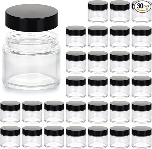 2oz Jars with Lids, HOA Kinh 30 Pack Clear Glass Jars Empty Cosmetic Containers Round Airtight Glass Jar with Inner Liners and black Lids for Storing Lotions, Powders, and Ointments