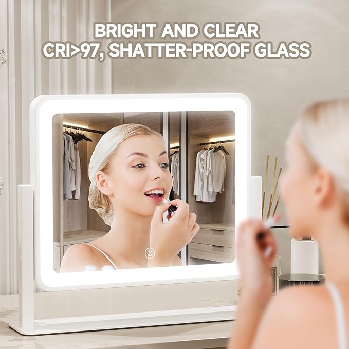 PRIMETEK LED Vanity Mirror with Gift Box, 14"x12" LED Lighted Makeup Mirror, Makeup Mirror with Lights, 3-Color Lighting, 5X Magnification, for Desk Tabletop, Bedroom, Gifts for her