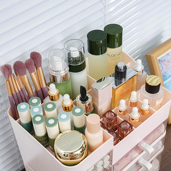 SuoXing Makeup Organizer for Vanity,Large 6 Drawers Make up Organizers for Counter,Plastic Cosmetic Storage Organizer for Dresser Countertop or Bathroom,Beauty Holder for Lipstick,Brush,Skincare,Pink