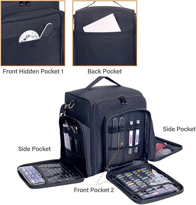 Nail Polish Organizer Case Holds 60 Bottles Portable Travel Storage Box with 2 Detachable Bags, Designed for Women's Nail Tools, Essential Oils and Cosmetics Sets Black