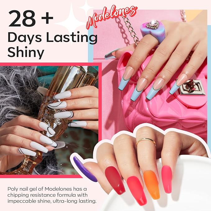Modelones 133pcs Poly Nail Gel Kit, 32 Colors Spring Pink Pastel Poly Extension Gel kit with Nail Lamp Base Top Coat Slip Solution Builder Enhancement Manicure Tools for Starter Supplies