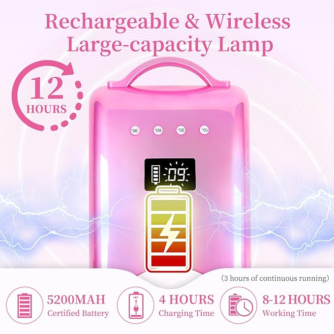 Professional UV LED Nail Lamp, Cordless Rechargeable UV Light for Gel Nails, 78W Fast Curing Gel Nail Light with 4 Timer Setting LCD Display, Auto Sensor and Spacious Interior(Metallic Pink)