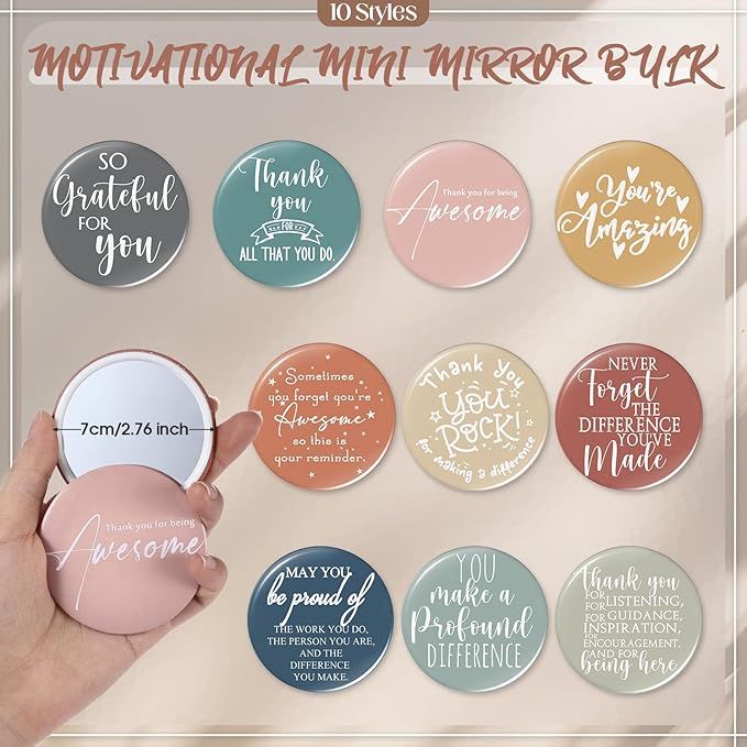 20 Pcs Employee Appreciation Gifts 10 Inspirational Canvas Makeup Bags 10 Compact Mirrors Bulk Cosmetic Bags Round Portable Pocket Mirror Thank You Gifts for Women (Praise)