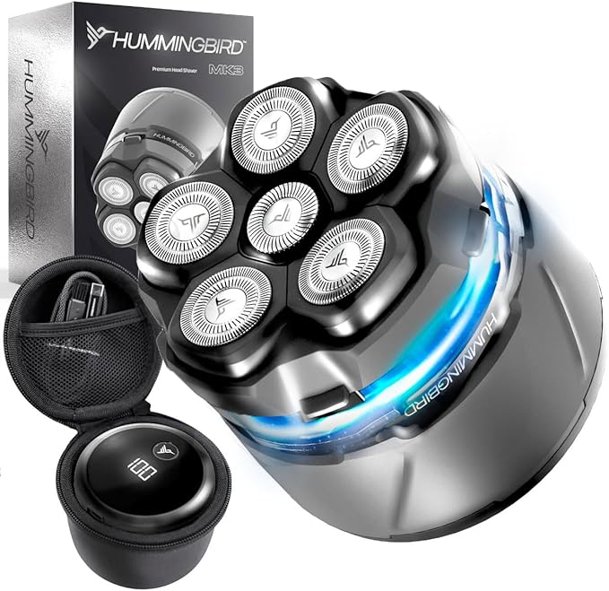 HUMMINGBIRD MK3 Stealth Edition Electric Head Shaver - No Nick Electric Razor for Men, Cordless USB C Rechargeable, Waterproof Wet/Dry Shave, 6 Blade Head, LED Display, Rotary Skull Shaver with Case