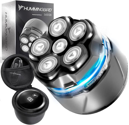 HUMMINGBIRD MK3 Stealth Edition Electric Head Shaver - No Nick Electric Razor for Men, Cordless USB C Rechargeable, Waterproof Wet/Dry Shave, 6 Blade Head, LED Display, Rotary Skull Shaver with Case