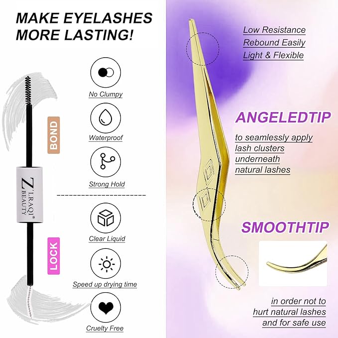 144PCS C Curl Natural Lashes Kit - Wispy Cluster Extensions for DIY, 10-16mm Lengths, Includes Lash Bond & Remover + Tweezers