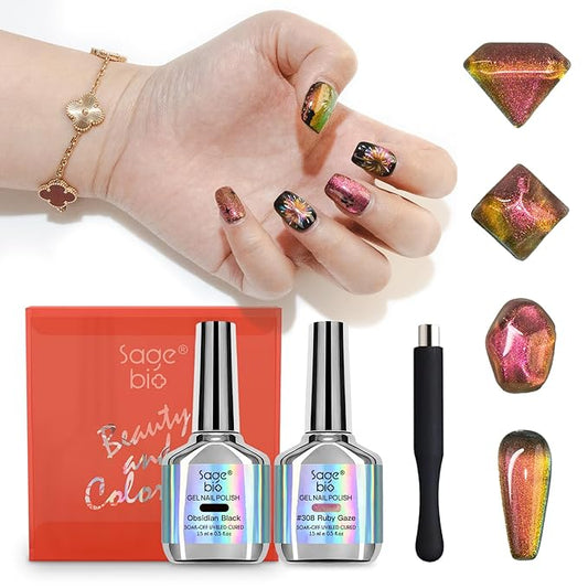 9D Cat Eye Gel Nail Polish Set, 15ml Black + 15ml Ruby Gaze Cat Eye Gel, Includes Silicone Handle Cylinder Magnetic Stick for Mesmerizing 9D Effects