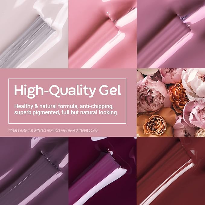 modelones Gel Nail Polish- 6 Colors Pink Brown Burgundy Red Gel Polish Set Peach Pastel Pink Nail Polish Gel Kit Soak Off Manicure Set Nail Art Gift for Women DIY Home Salon