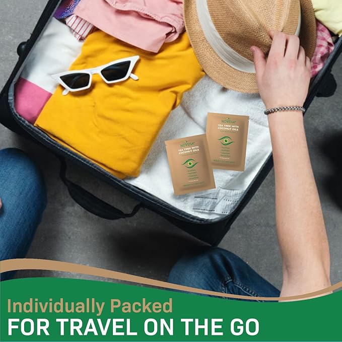 NOVEHA Tea Tree & Coconut Oil Eyelid & Lash Wipes | For Demodex, Blepharitis & Itchy Eyes, Box Of 60 Individually Wrapped Eyelash Wipes With Aloe Vera, Natural Makeup Remover & Daily Eye Cleanser