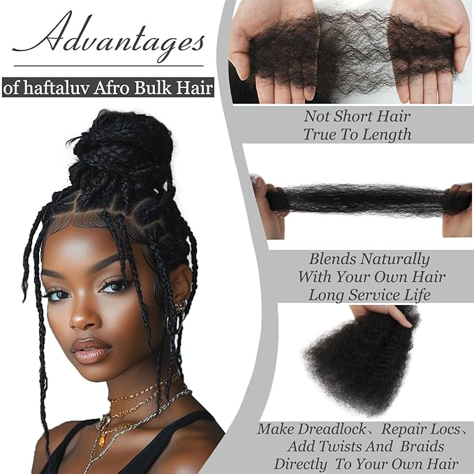 Afro Kinkys Bulk Human Hair 14 Inch 100g Nature Black Afro Kinky Curly Human Hair Bulk for Dreadlock Extensions, Micro Locs, Braiding Twists, Braids and Repair Locs(14 Inch, 1b#)