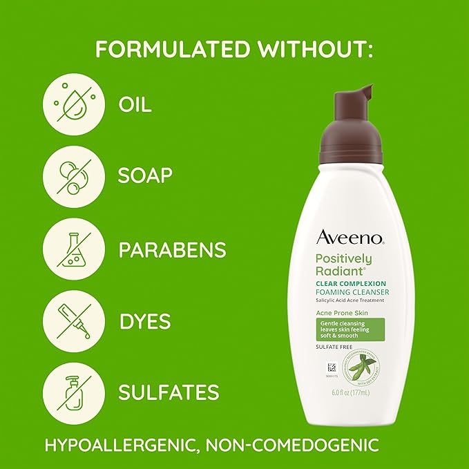 Aveeno Clear Complexion Foaming Oil-Free Facial Cleanser with Soy Extract & 0.5% Salicylic Acid, Acne Treatment Face Wash for Acne-Prone Skin, Sulfate-Free & Hypoallergenic, 6 fl. oz