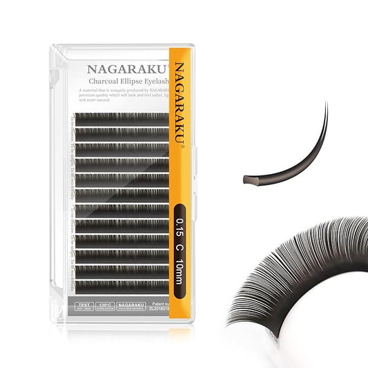 NAGARAKU Double Tips Flat Ellipse Eyelash Extensions Supplies 0.15 C curl 10mm Natural Charcoal Color Faux Mink Super Soft Split Tips Lash Individual Lashes