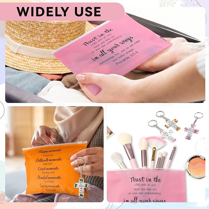 Kacctyen 50 Set Christian Makeup Bags with Keychain Christian Gifts Bulk Women Bible Verse Cosmetic Bags with Zipper Christian Cross Keychain Colorful Bags for Women Travel Organizer