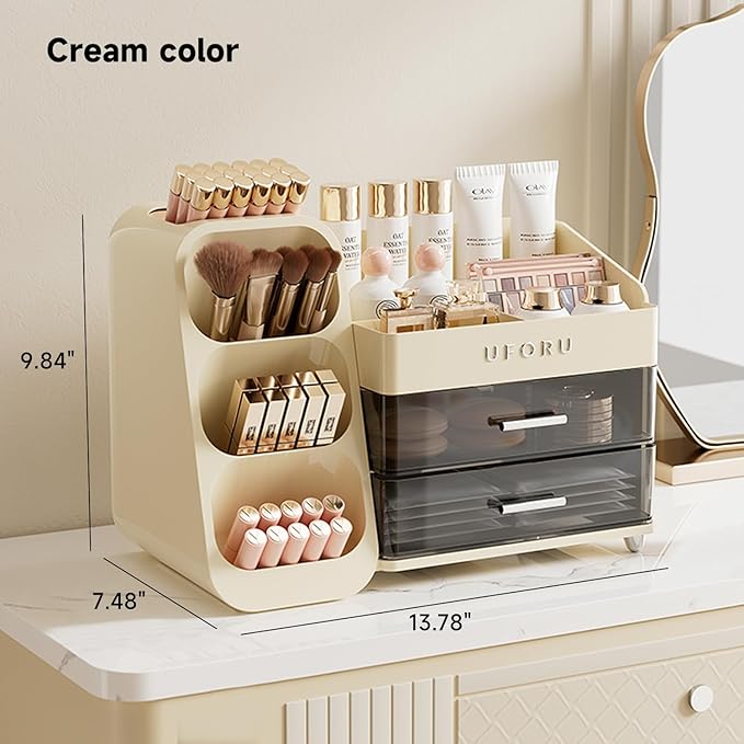 Makeup Organizer for Vanity, Countertop Organizer With Drawers, Spacious Cosmetic Display Case for Beauty Essential, Skincare, Lipstick, Cream White