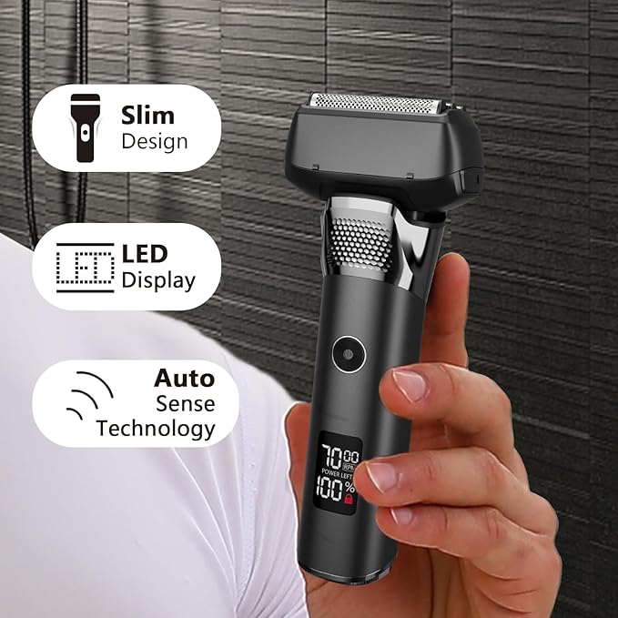 Electric Foil Shavers for Men Rechargeable Electric Razor Cordless Dry Wet Shavers Beard with Pop-Up Trimmer Travel Foil Shaver as Father Husband Boyfriend Gift 2408Black