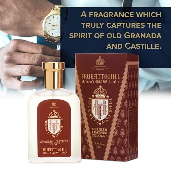 Truefitt & Hill Luxury Cologne - Spanish Leather - Premium Long-Lasting Fruit and Wood Men's Fragrance Presented in a Beautifully Etched Traditional Atomizer Bottle - 3.38 oz.