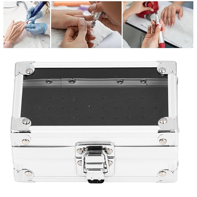 Nail Drill Bit Holder Storage Box, Multi Hole Nail Drill Bits Stand Displayer with Transparent Flip Cover, Nail Bits Organizers Container (Silver)